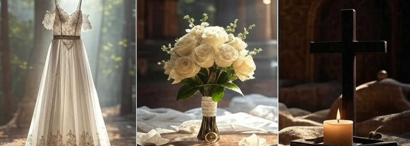 dreiteiliges Bild, links ist ein weißes langes Taufkleid zu sehen, mittig ein Brautstrauß und rechts eine brennede Kerze vor einem Kreuz im Halbdunklen