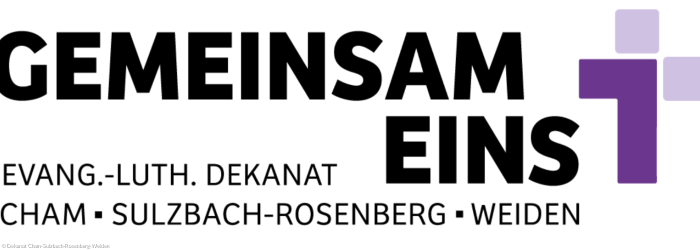 "Gemeinsam Eins" - Logo des Dekanats Cham-Sulzbach-Rosenberg-Weiden mit lila Kreuz