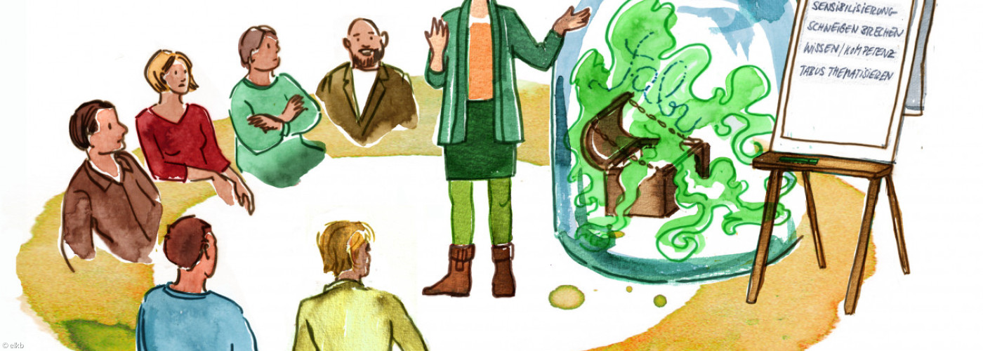 gezeichnetes Bild einer Schulungsgruppe mit Flipchart