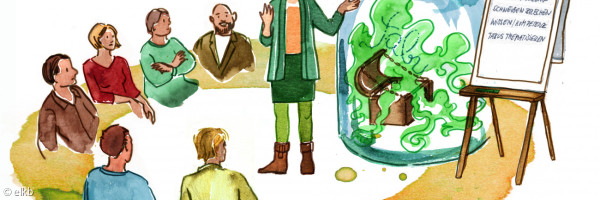gezeichnetes Bild einer Schulungsgruppe mit Flipchart